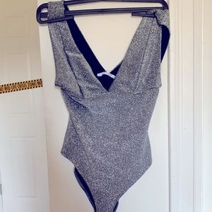 ZARA SIZE SMALL plunge neck silver glitter bodysuit